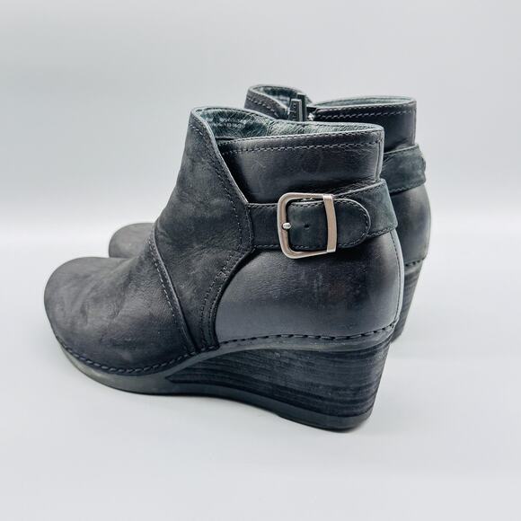 Dansko Shoes Womens 7.5 Black Leather Booties Shirley Wedge Ankle Buckle Zip - Picture 5 of 12